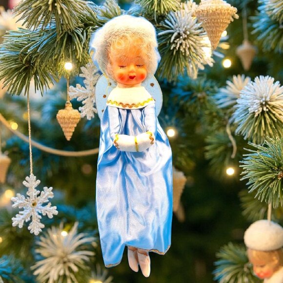 1965 Blue Haired Pixie Fairy Angel Ornament Sleepy Eyes Japan Christmas Decor - Picture 10 of 10